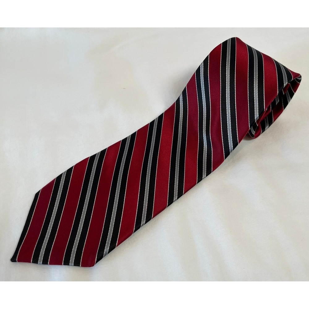 Stafford Mens Necktie Red Black Silver Striped 100% Silk Tie